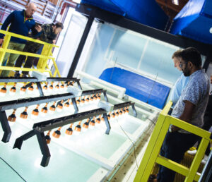 Researcher look down into the SOARS instrument at the Hydraulics Lab at Scripps Oceanography.